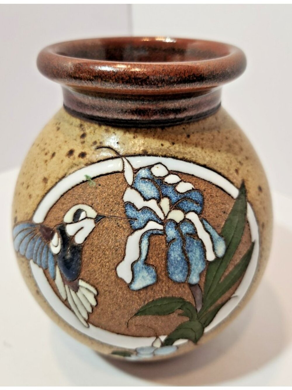 Vtg Handmade Pottery Mosiac Vase With Hummingbird and Flower Signed